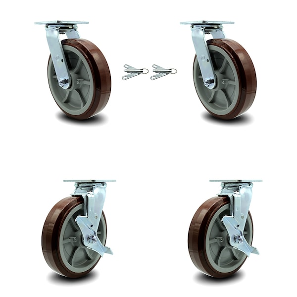 8 Inch Polyurethane Caster Set with Roller Bearings 2 Swivel Lock 2 Brake SCC